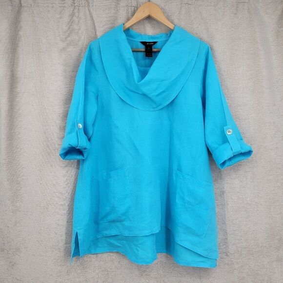 Ali Miles Tops - Ali Miles Linen Blue Cowl Neck Tunic Women's Top Roll Tab Sleeves